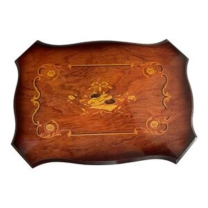 Intricate Violin-Motif Inlay Wooden Vintage Glossy Jewelry Box, Scalloped Edges.